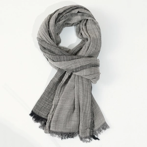 Men's gray color-block scarf with fringe tassels on a clean white background