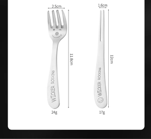 Detail view of 304 stainless steel kids fork and fruit fork with smiley face logos