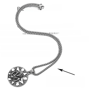 Close-up of Gothic silver pentagram pendant with skeleton motif on a 3mm box chain
