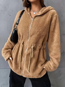 Elegant camel teddy fleece hooded jacket with adjustable drawstring waist and full zip closure