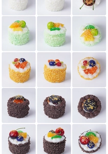 Macro de varios pasteles de mousse de PU con coberturas de frutas realistas sobre fondo blanco