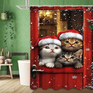Détail du rideau de douche en polyester imperméable avec motif de trois chats de Noël