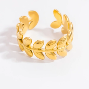 Elegant gold leaf stainless steel open ring with a detailed wraparound foliage design