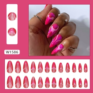 24pcs almond press-on nails with rose pink flame pattern and glitter shimmer finish