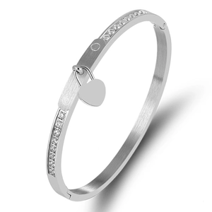 Silver brushed stainless steel heart lock bracelet with double rows of sparkling crystals