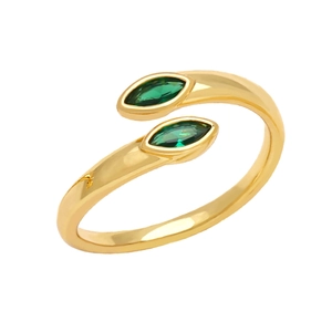 Detail of adjustable gold ring featuring two marquise-cut green zircon stones