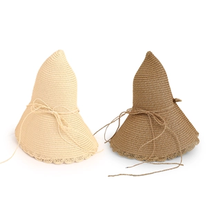 Wide brim straw beach hats in beige and coffee colors with delicate hollow lace edges
