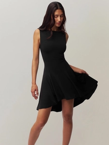 Front full-body shot of a black sleeveless slim fit dress with elegant draped fabric
