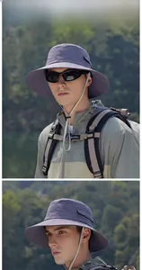 Outdoor wide brim sun hat in greyish-purple featuring an adjustable windproof chin strap