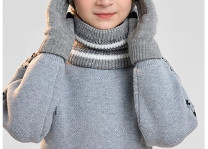 Detail of grey knitted winter neck warmer and touch screen gloves with white stripe accents