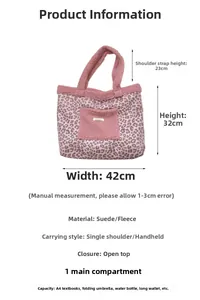 Detail of pink leopard plush tote bag with suede texture and large capacity dimensions