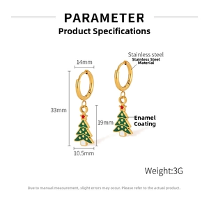 Detailed dimensions of stainless steel Christmas tree hoop earrings with green enamel