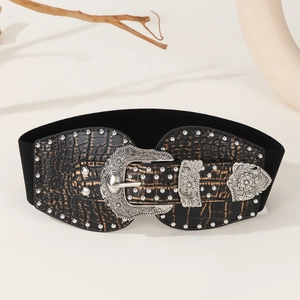 Women's vintage wide elastic waist belt with double buckles and brown crocodile texture