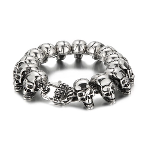 Gothic skull link bracelet in silver titanium steel with secure mechanical clasp closure
