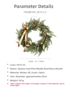 Close-up of a 55cm Christmas wreath with gold berries and champagne satin ribbon detail