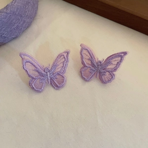 Detailed embroidery of purple butterfly lace appliques for elegant silver needle earrings