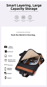 Detail view of large capacity backpack showing organized interior with laptop and camera compartments