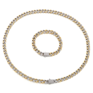 Ensemble collier et bracelet à maillons cubains bicolores en acier inoxydable poli or argent