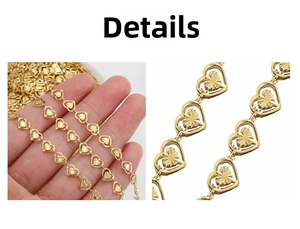 Macro shot of gold stainless steel heart-shaped hollow chain links with detailed texture