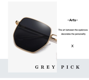 Detail view of square grey polarized lenses with a slim golden metal frame design
