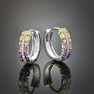 Elegant S925 sterling silver hoop earrings with multicolored rainbow cubic zirconia stones
