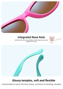 Detail of integrated nose pads and flexible pink and teal kids polarized sunglasses
