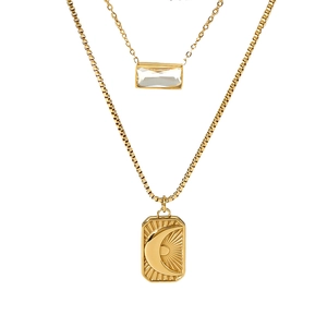 Double-layer gold stainless steel necklace with sun moon pendant and crystal square charm