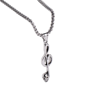 Polished stainless steel skull and musical note pendant on a sturdy box chain