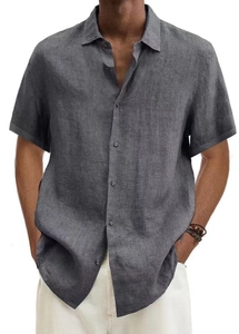 Camicia da uomo in cotone e lino grigio scuro, scollo a V e maniche corte con bottoni