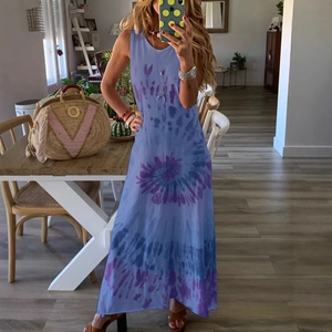Summer sleeveless round neck maxi dress with blue and purple tie-dye pattern print