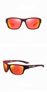Detailed close-up of polarized sports sunglasses with red mirrored lenses and matte frame