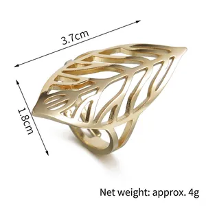 Luxury gold hollow leaf stainless steel open ring for women, length 3.7cm and width 1.8cm