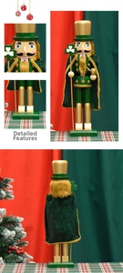 Close-up detail of Irish nutcracker soldier with green shamrock scepter and velvet cloak