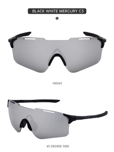 Detailed front and side views of silver mirror cycling sunglasses with black frame