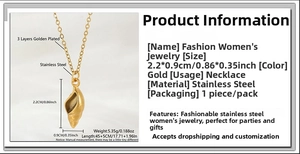 Detail showing gold conch pendant size and stainless steel 3-layer plating specifications