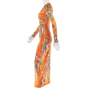 Detailed side view of long sleeve bodycon dress with vintage orange floral print