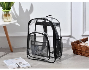Close-up of a large transparent PVC backpack with black mesh side pockets and zipper details