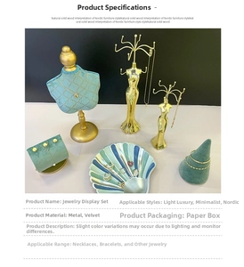 Detail of green velvet and gold metal jewelry display stand for necklaces and rings