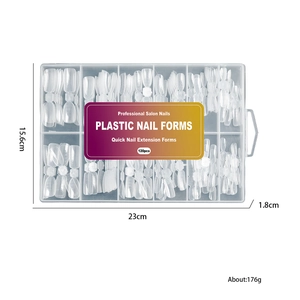 Set of 120 clear plastic nail forms in storage box with dimensions and scale marks