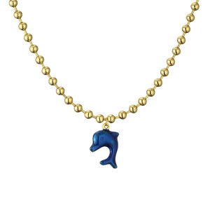 Golden bead chain necklace featuring a blue dolphin pendant in ocean style beach jewelry