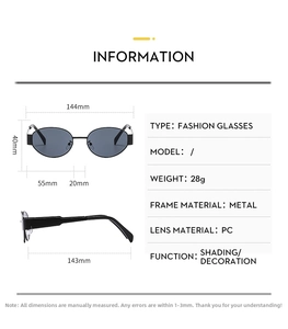 Detailed technical drawing of metal oval sunglasses showing dimensions and lens width
