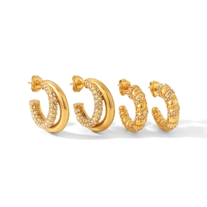 Gold plated titanium steel C-shape twisted earrings set with clear crystals