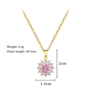 Detailed view of flower pendant with pink gemstone and measurement specifications