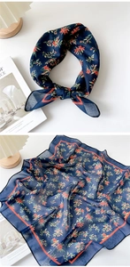 Detail of navy blue floral cotton linen square scarf with orange floral pattern