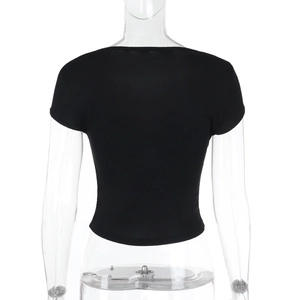 Back view of a black slim-fit lace-spliced crop top on a transparent mannequin