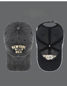 Detail of vintage washed cotton baseball cap with New York 1978 embroidery and metal buckle