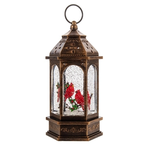 Lanterna natalizia vintage in bronzo con cardinale rosso e decorazione innevata