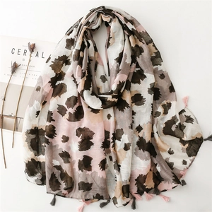 Women Leopard Print Scarf Shawl Lightweight Polyester Voile Abstract Fashion Wrap With Tassels Elegant Sunshade Accessory