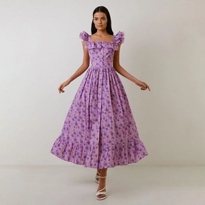 Detail of square neck and ruffle sleeves on purple floral midi dress with front buttons