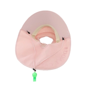 Pink kids wide brim sun hat with mesh fabric and green whistle for outdoor sun protection
